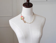 Load image into Gallery viewer, Flower Garden Collage Necklace. Orange Pink Green Ivory Flowers, Swallow Bird, Leaf, Cream Ivory Pearl Necklace. Wedding Bridal Necklace
