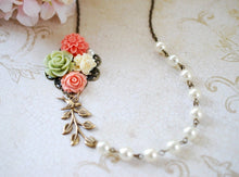 Load image into Gallery viewer, Flower Garden Collage Necklace. Orange Pink Green Ivory Flowers, Swallow Bird, Leaf, Cream Ivory Pearl Necklace. Wedding Bridal Necklace
