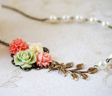 Load image into Gallery viewer, Flower Garden Collage Necklace. Orange Pink Green Ivory Flowers, Swallow Bird, Leaf, Cream Ivory Pearl Necklace. Wedding Bridal Necklace
