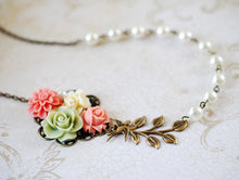 Load image into Gallery viewer, Flower Garden Collage Necklace. Orange Pink Green Ivory Flowers, Swallow Bird, Leaf, Cream Ivory Pearl Necklace. Wedding Bridal Necklace
