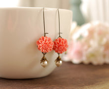 画像をギャラリービューアに読み込む, Orange Coral Flower Dangle Earrings. Ivory Cream Pearls Orange Flowers Long Dangle Earrings. Coral Wedding Earrings, Bridal Earrings
