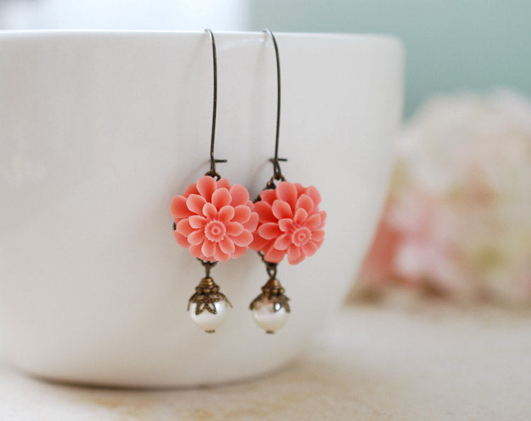 Orange Coral Flower Dangle Earrings. Ivory Cream Pearls Orange Flowers Long Dangle Earrings. Coral Wedding Earrings, Bridal Earrings