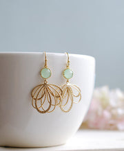 Load image into Gallery viewer, Mint and Gold Earrings. Gold Feather Filigree Pendant Sea foam Green Glass Earrings. Mint Wedding Earrings. Gift for Sister Mother Freinds
