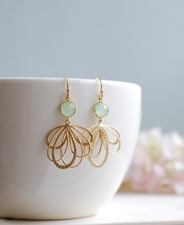 Mint and Gold Earrings. Gold Feather Filigree Pendant Sea foam Green Glass Earrings. Mint Wedding Earrings. Gift for Sister Mother Freinds