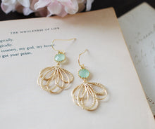 Load image into Gallery viewer, Mint and Gold Earrings. Gold Feather Filigree Pendant Sea foam Green Glass Earrings. Mint Wedding Earrings. Gift for Sister Mother Freinds
