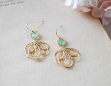 Load image into Gallery viewer, Mint and Gold Earrings. Gold Feather Filigree Pendant Sea foam Green Glass Earrings. Mint Wedding Earrings. Gift for Sister Mother Freinds
