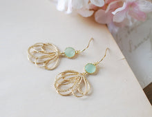 Load image into Gallery viewer, Mint and Gold Earrings. Gold Feather Filigree Pendant Sea foam Green Glass Earrings. Mint Wedding Earrings. Gift for Sister Mother Freinds
