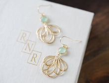 Load image into Gallery viewer, Mint and Gold Earrings. Gold Feather Filigree Pendant Sea foam Green Glass Earrings. Mint Wedding Earrings. Gift for Sister Mother Freinds
