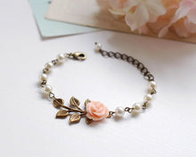 画像をギャラリービューアに読み込む, Peach Wedding Flower Girl Bracelet, Bridesmaid Bracelet, Bridal Bracelet, Peach Pink Rose Flower Cream Pearls Leaf Bracelet, Bridesmaid Gift
