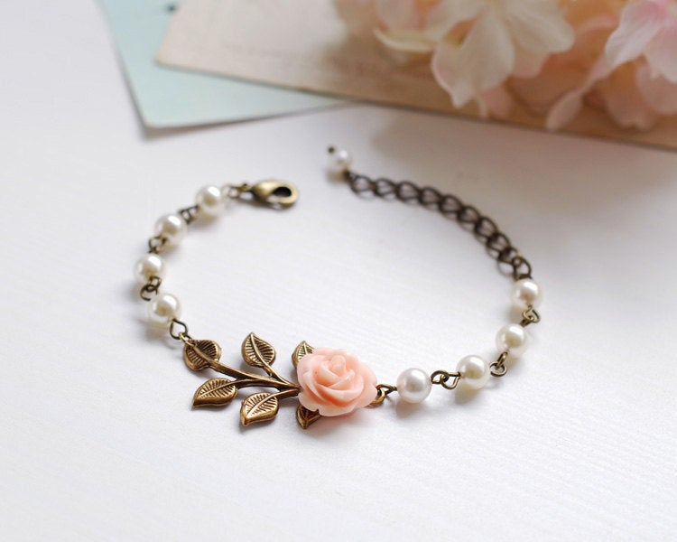 Peach Wedding Flower Girl Bracelet, Bridesmaid Bracelet, Bridal Bracelet, Peach Pink Rose Flower Cream Pearls Leaf Bracelet, Bridesmaid Gift