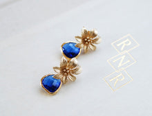 Load image into Gallery viewer, Sapphire Blue Glass Earrings Gold Flower Earrings Gold and Blue Earrings Cobalt Blue Drop Earrings Dangle Earrings Blue Wedding Jewelry
