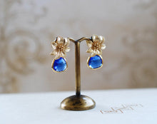 Load image into Gallery viewer, Sapphire Blue Glass Earrings Gold Flower Earrings Gold and Blue Earrings Cobalt Blue Drop Earrings Dangle Earrings Blue Wedding Jewelry
