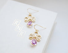 Load image into Gallery viewer, Lavender Glass Drop Gold Plated Dangle Earrings Gold Framed Faceted Lavender Teardrop Jewel Earrings Lavender Wedding Bridesmaid Earrings
