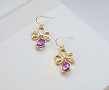 Load image into Gallery viewer, Lavender Glass Drop Gold Plated Dangle Earrings Gold Framed Faceted Lavender Teardrop Jewel Earrings Lavender Wedding Bridesmaid Earrings
