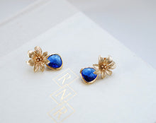 Load image into Gallery viewer, Sapphire Blue Glass Earrings Gold Flower Earrings Gold and Blue Earrings Cobalt Blue Drop Earrings Dangle Earrings Blue Wedding Jewelry
