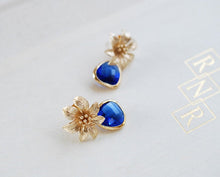 Load image into Gallery viewer, Gold Flower Blue Sapphire Glass Post Earrings. Blue Teardrop Earrings Sterling Silver Ear Post. Cobalt Blue Wedding Bridal Earrings
