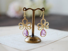 Load image into Gallery viewer, Lavender Glass Drop Gold Plated Dangle Earrings Gold Framed Faceted Lavender Teardrop Jewel Earrings Lavender Wedding Bridesmaid Earrings
