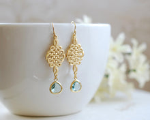 Load image into Gallery viewer, Gold Celtic Knot Erinite Aqua Mint Glass Drop Dangle Earrings. Gold framed Teardrop Glass Jewels Earrings, Infinity Love Knot Earrings
