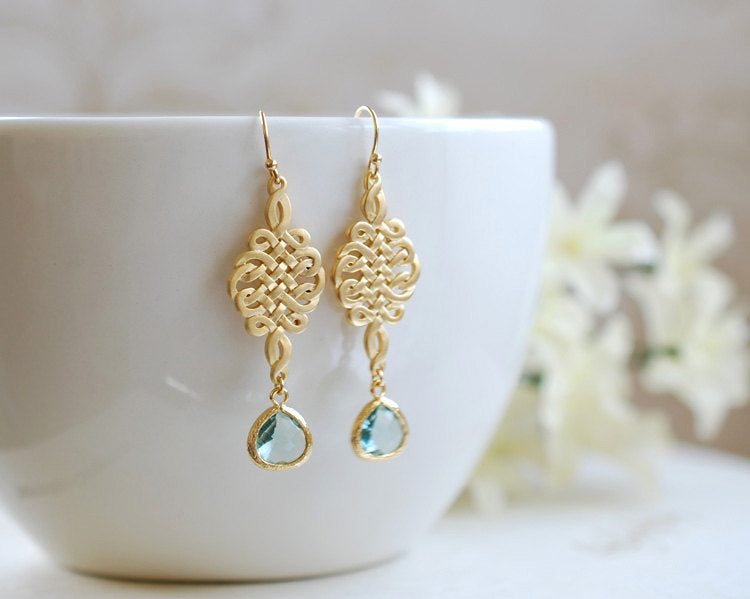 Gold Celtic Knot Erinite Aqua Mint Glass Drop Dangle Earrings. Gold framed Teardrop Glass Jewels Earrings, Infinity Love Knot Earrings