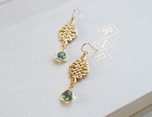 Load image into Gallery viewer, Gold Celtic Knot Erinite Aqua Mint Glass Drop Dangle Earrings. Gold framed Teardrop Glass Jewels Earrings, Infinity Love Knot Earrings
