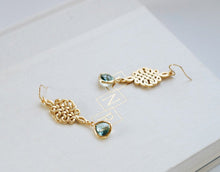 Load image into Gallery viewer, Gold Celtic Knot Erinite Aqua Mint Glass Drop Dangle Earrings. Gold framed Teardrop Glass Jewels Earrings, Infinity Love Knot Earrings
