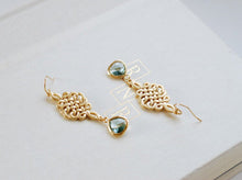 Load image into Gallery viewer, Gold Celtic Knot Erinite Aqua Mint Glass Drop Dangle Earrings. Gold framed Teardrop Glass Jewels Earrings, Infinity Love Knot Earrings
