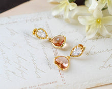 Load image into Gallery viewer, Peach Champagne Drop Clear CZ cubic zirconia Post Earrings. Wedding Jewelry, Bridal Earrings, Bridesmaid Earrings, Glass Dangle Earrings
