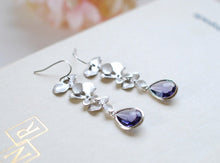 Load image into Gallery viewer, Matte Silver Orchid Flowers Trio Purple Tanzanite Teardrop Glass Earrings. Wedding Jewelry, Bridal Earrings, Bridesmaid Gift Earrings
