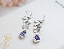 Load image into Gallery viewer, Matte Silver Orchid Flowers Trio Purple Tanzanite Teardrop Glass Earrings. Wedding Jewelry, Bridal Earrings, Bridesmaid Gift Earrings
