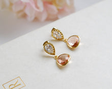 Load image into Gallery viewer, Peach Champagne Drop Clear CZ cubic zirconia Post Earrings. Wedding Jewelry, Bridal Earrings, Bridesmaid Earrings, Glass Dangle Earrings
