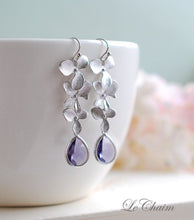 Load image into Gallery viewer, Matte Silver Orchid Flowers Trio Purple Tanzanite Teardrop Glass Earrings. Wedding Jewelry, Bridal Earrings, Bridesmaid Gift Earrings
