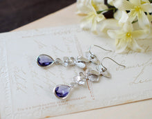 Load image into Gallery viewer, Matte Silver Orchid Flowers Trio Purple Tanzanite Teardrop Glass Earrings. Wedding Jewelry, Bridal Earrings, Bridesmaid Gift Earrings
