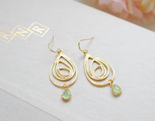 Load image into Gallery viewer, Gold Swirl Drop Pendant Mint Glass Drop Earrings. Sister Mother Gift, Wedding Bridal Earrings, Bridesmaids Gift, Modern Everyday Jewelry
