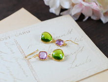 Load image into Gallery viewer, Lavender Apple Green Gold Earrings. Purple and Green Glass Drop Earrings. Dangle Earrings, Summer Earrings, Bridesmaid Earrings
