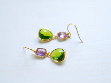 Load image into Gallery viewer, Lavender Apple Green Gold Earrings. Purple and Green Glass Drop Earrings. Dangle Earrings, Summer Earrings, Bridesmaid Earrings
