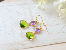 Load image into Gallery viewer, Lavender Apple Green Gold Earrings. Purple and Green Glass Drop Earrings. Dangle Earrings, Summer Earrings, Bridesmaid Earrings
