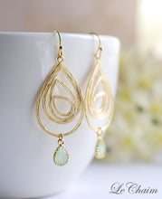 Load image into Gallery viewer, Gold Swirl Drop Pendant Mint Glass Drop Earrings. Sister Mother Gift, Wedding Bridal Earrings, Bridesmaids Gift, Modern Everyday Jewelry
