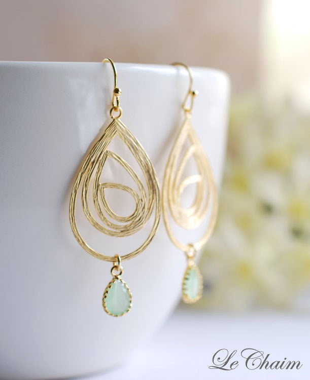 Gold Swirl Drop Pendant Mint Glass Drop Earrings. Sister Mother Gift, Wedding Bridal Earrings, Bridesmaids Gift, Modern Everyday Jewelry