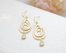 Load image into Gallery viewer, Gold Swirl Drop Pendant Mint Glass Drop Earrings. Sister Mother Gift, Wedding Bridal Earrings, Bridesmaids Gift, Modern Everyday Jewelry
