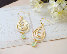 Load image into Gallery viewer, Gold Swirl Drop Pendant Mint Glass Drop Earrings. Sister Mother Gift, Wedding Bridal Earrings, Bridesmaids Gift, Modern Everyday Jewelry
