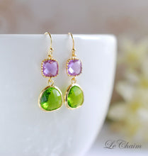 Load image into Gallery viewer, Lavender Apple Green Gold Earrings. Purple and Green Glass Drop Earrings. Dangle Earrings, Summer Earrings, Bridesmaid Earrings
