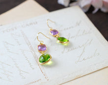 Load image into Gallery viewer, Lavender Apple Green Gold Earrings. Purple and Green Glass Drop Earrings. Dangle Earrings, Summer Earrings, Bridesmaid Earrings
