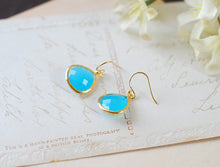 Load image into Gallery viewer, Large Aqua Blue Ocean Blue Drop Earrings. Gold Framed Faceted Blue Teardrop Glass Dangle Earrings. Bridesmaid Earrings, Anniversary Gift
