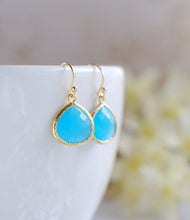 Load image into Gallery viewer, Large Aqua Blue Ocean Blue Drop Earrings. Gold Framed Faceted Blue Teardrop Glass Dangle Earrings. Bridesmaid Earrings, Anniversary Gift
