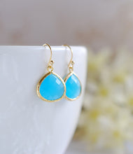 Load image into Gallery viewer, Large Cobalt Blue Drop Earrings. Sapphire Blue Dangle Earrings. Gold Framed Blue Teardrop Earrings. Bridesmaid Earrings, Anniversary Gift
