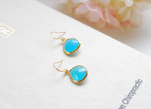 Load image into Gallery viewer, Large Aqua Blue Ocean Blue Drop Earrings. Gold Framed Faceted Blue Teardrop Glass Dangle Earrings. Bridesmaid Earrings, Anniversary Gift
