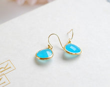 Load image into Gallery viewer, Large Aqua Blue Ocean Blue Drop Earrings. Gold Framed Faceted Blue Teardrop Glass Dangle Earrings. Bridesmaid Earrings, Anniversary Gift
