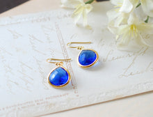 Load image into Gallery viewer, Large Cobalt Blue Drop Earrings. Sapphire Blue Dangle Earrings. Gold Framed Blue Teardrop Earrings. Bridesmaid Earrings, Anniversary Gift
