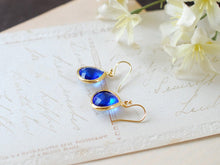 Load image into Gallery viewer, Large Cobalt Blue Drop Earrings. Sapphire Blue Dangle Earrings. Gold Framed Blue Teardrop Earrings. Bridesmaid Earrings, Anniversary Gift
