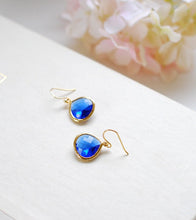 Load image into Gallery viewer, Large Cobalt Blue Drop Earrings. Sapphire Blue Dangle Earrings. Gold Framed Blue Teardrop Earrings. Bridesmaid Earrings, Anniversary Gift
